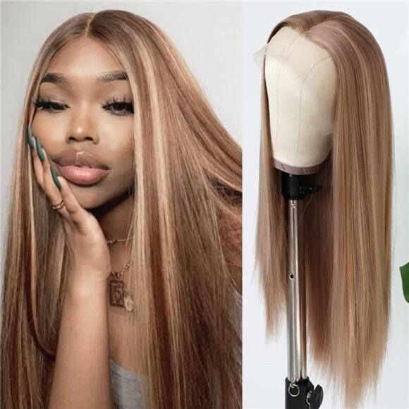 Streaks Heat Resistant Fiber Hair Synthetic Lace Front Wigs -#Blonde brown